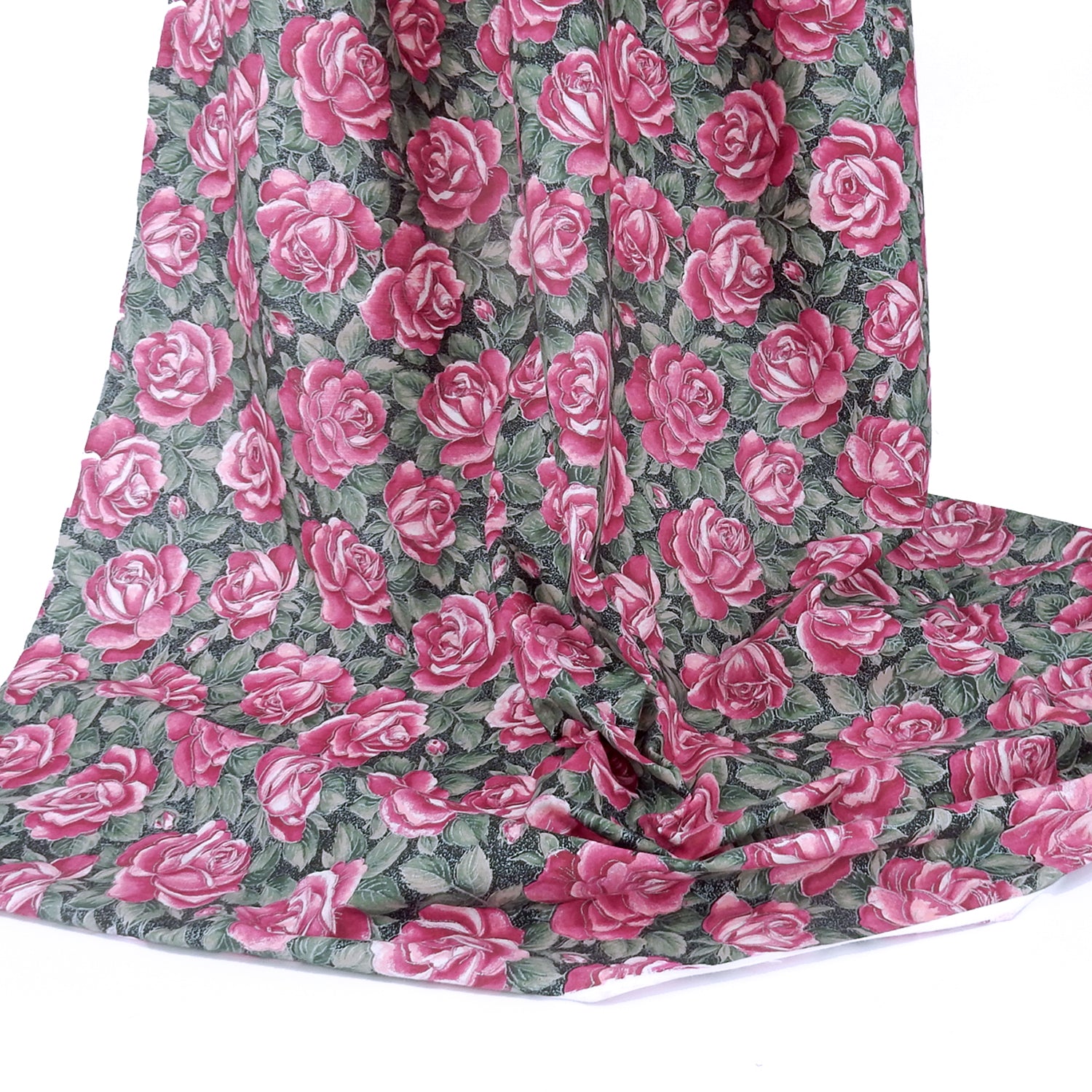 Cranston Print Works Fuchsia Rose Cotton Fabric - Silver Metallic Floral PB3-487
