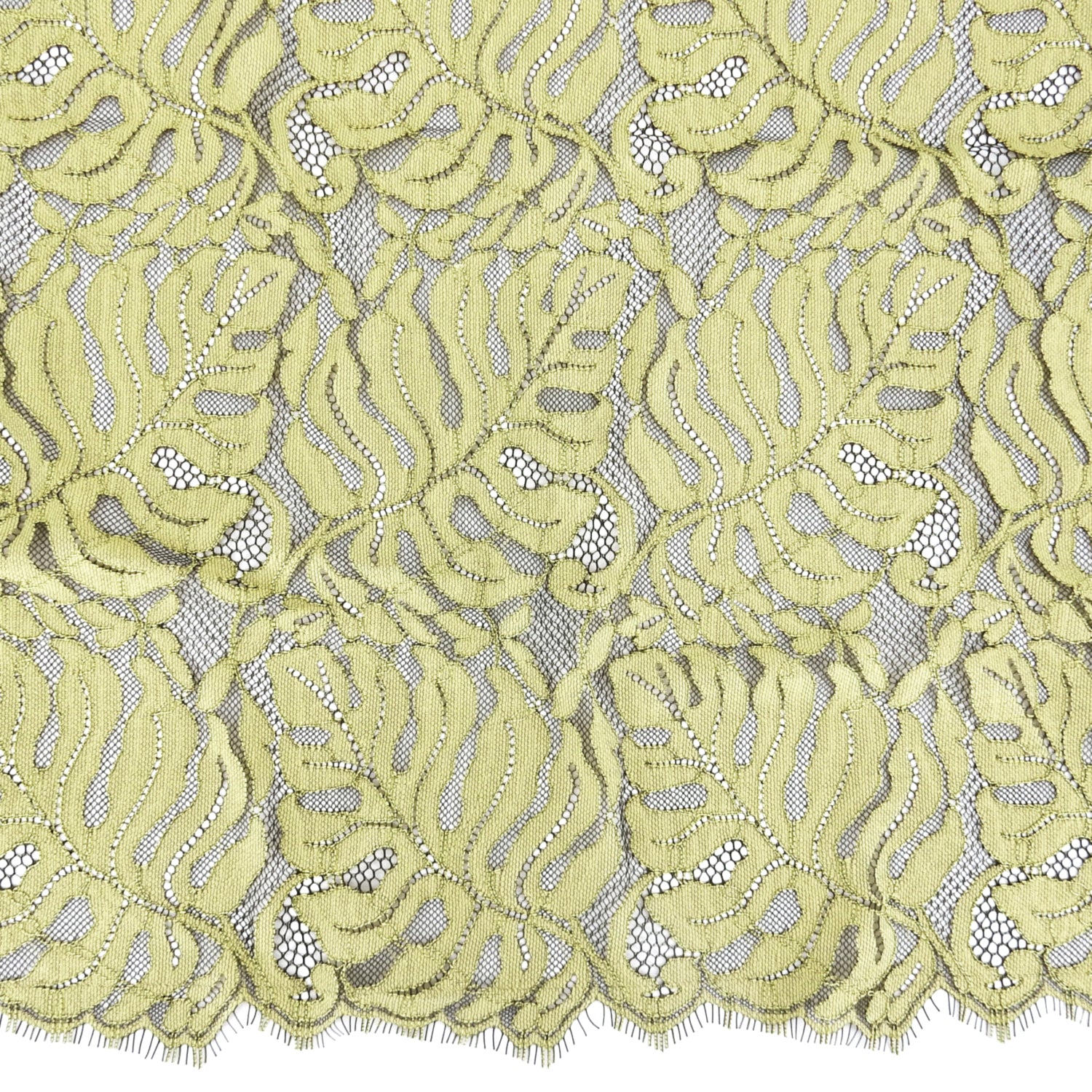 Double Scalloped Eyelash Border Klauber Lace Fabric 4080 Dark Olive/Lemon Zest