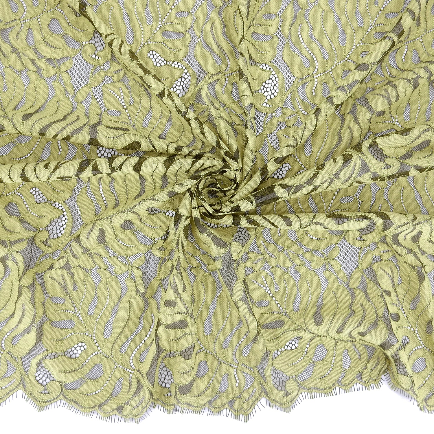 Double Scalloped Eyelash Border Klauber Lace Fabric 4080 Dark Olive/Lemon Zest