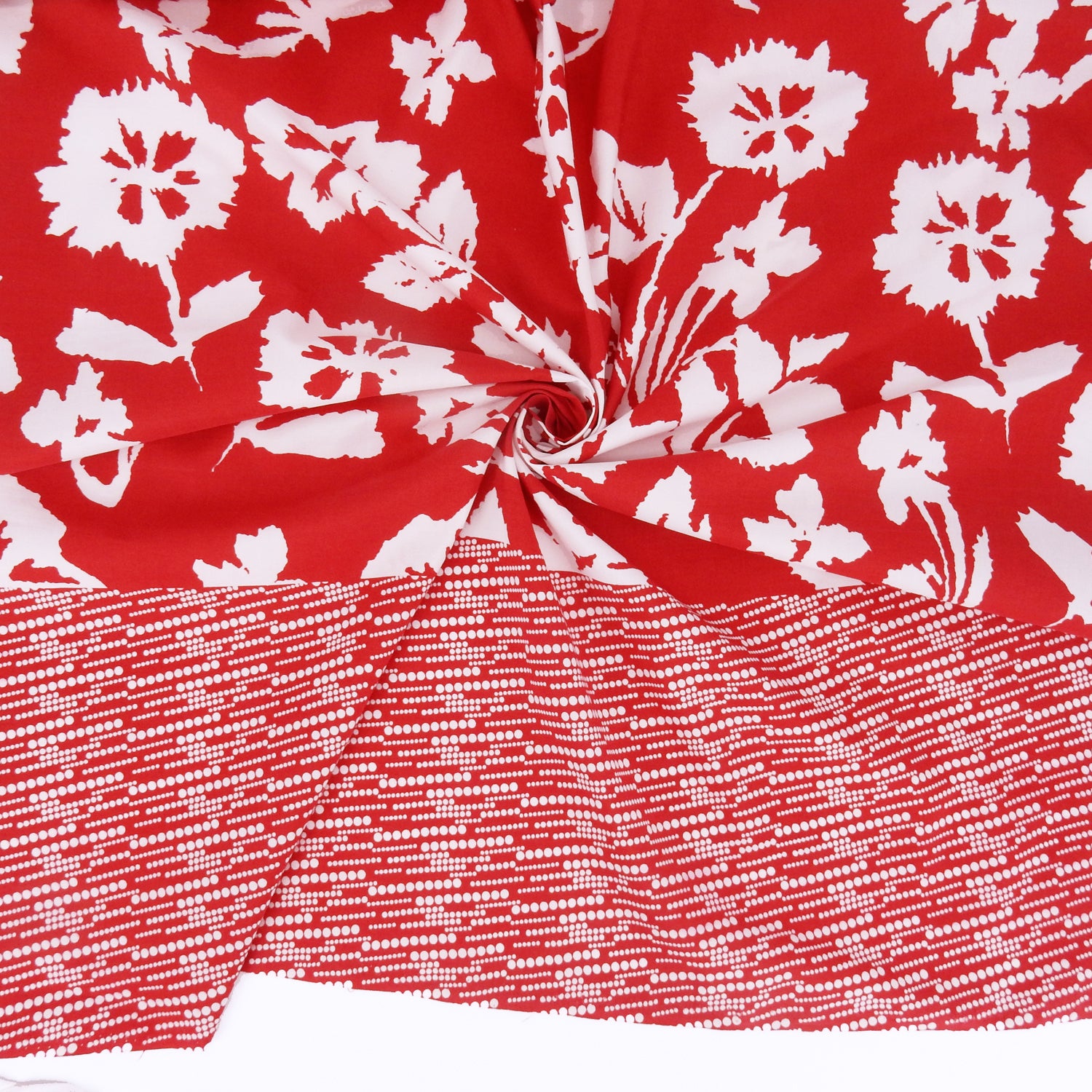 Luxury German Cotton-Silk Fabric - Red & White Floral Dot Border AJR6-616