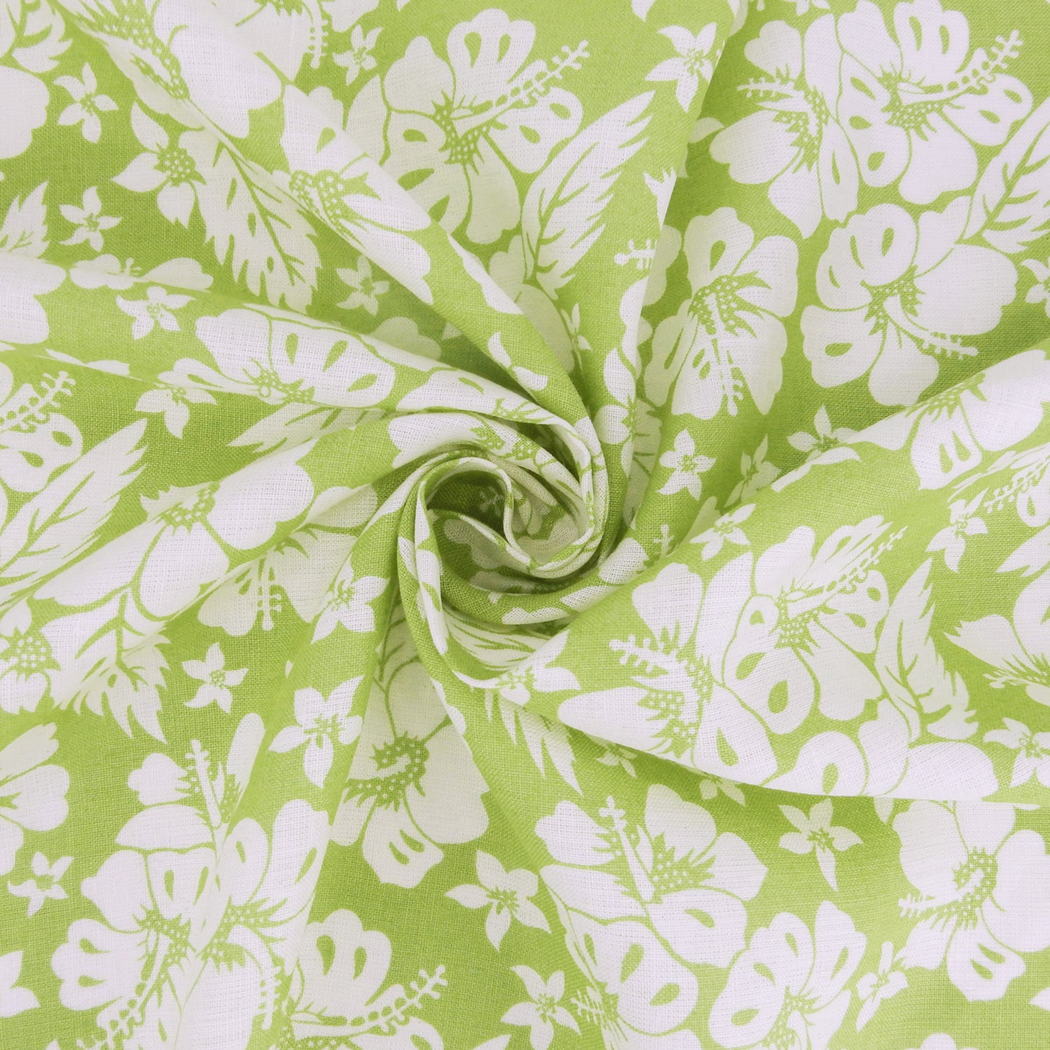Premium 100% European Linen fabric. white Floral on olive background. dress weight. shown swirled