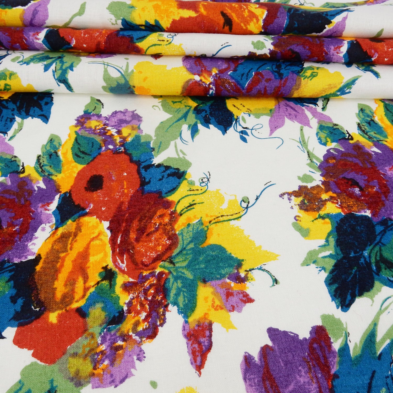 Premium 100% European Linen fabric. Bright Floral Print on white. medium weight for apparel & home interior. shown pleated