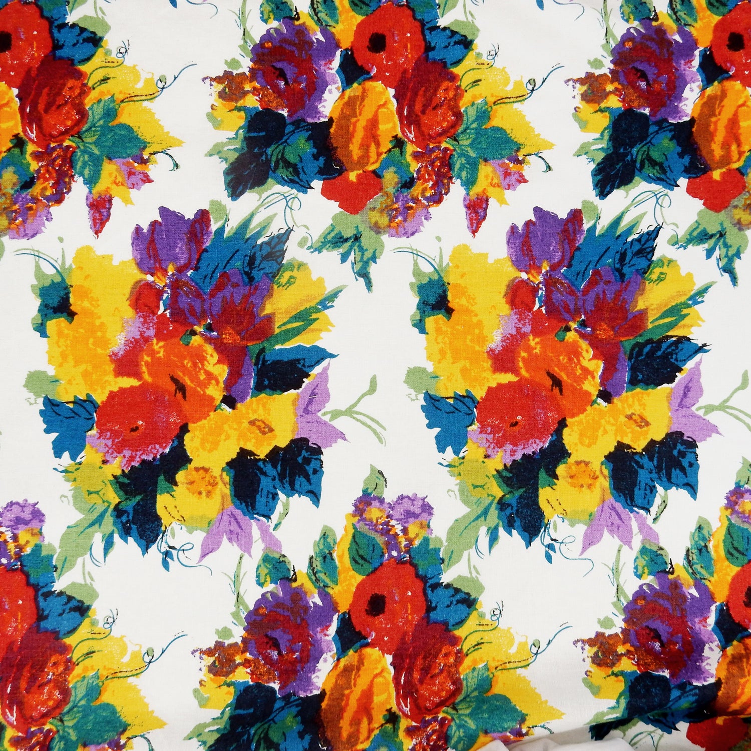 Premium 100% European Linen fabric. Bright Floral Print on white. medium weight for apparel & home interior. shown flat