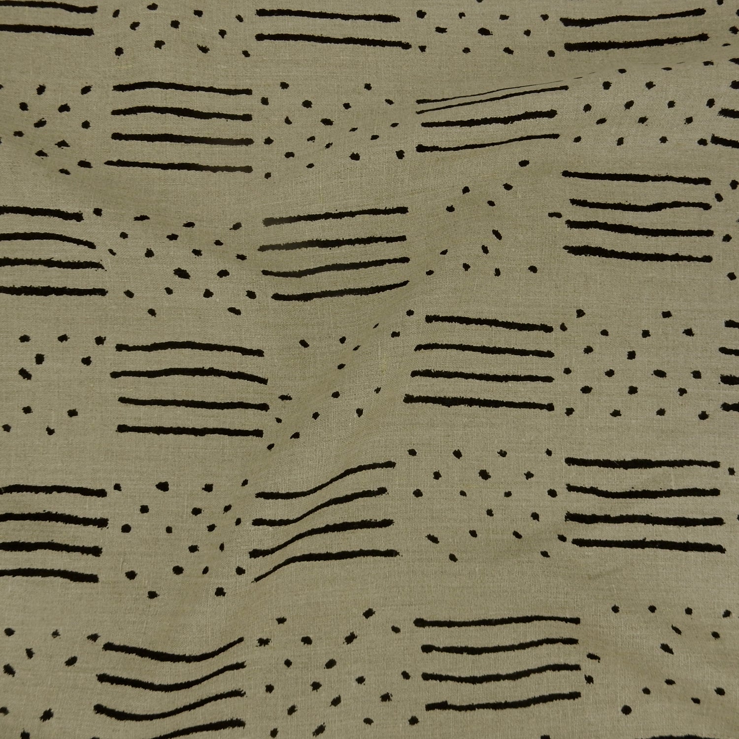 Premium 100% European Linen fabric. African-Inspired natural & black line/dot design. medium weight for apparel & home interior. shown lightly gathered