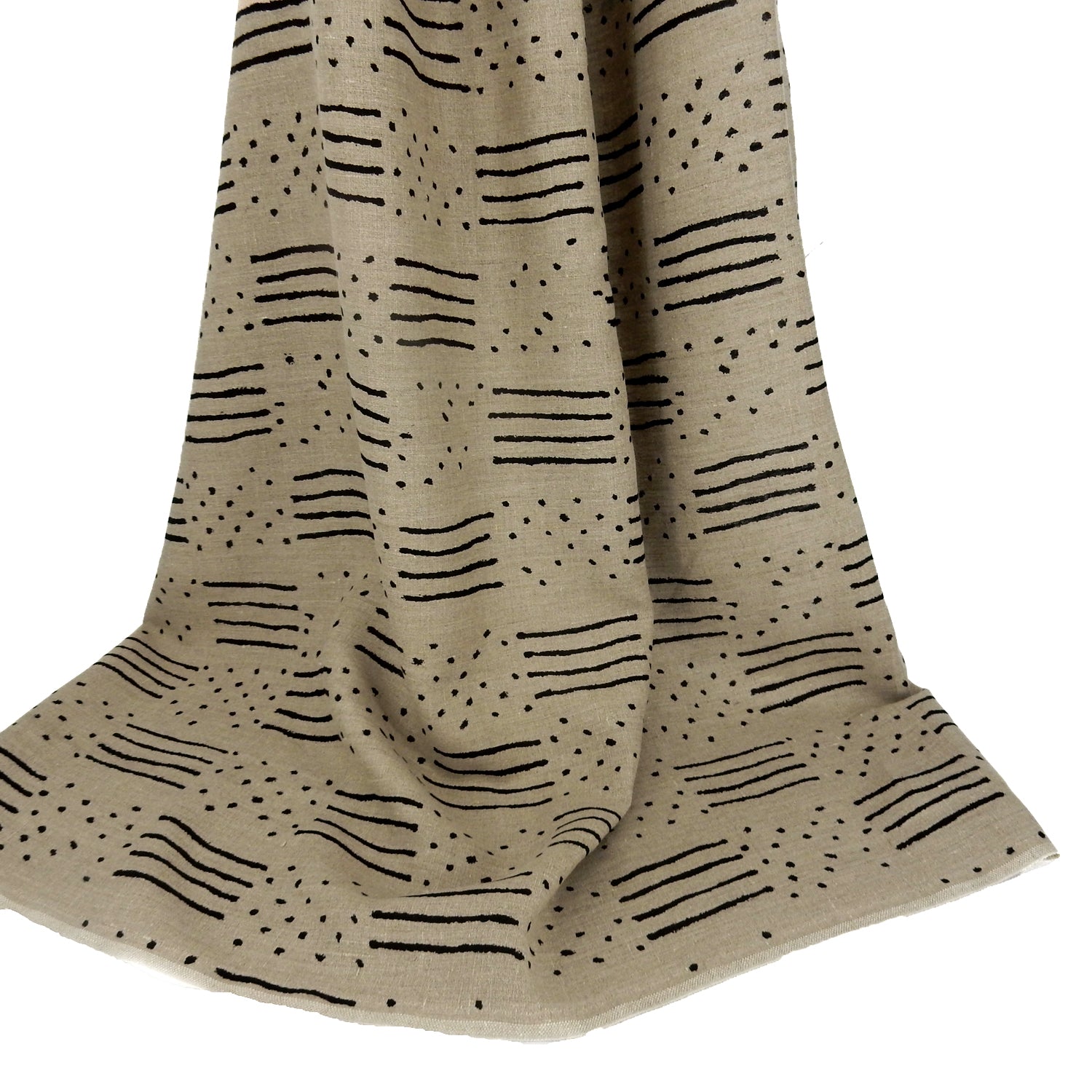 Premium 100% European Linen fabric. African-Inspired natural & black line/dot design. medium weight for apparel & home interior. shown draped