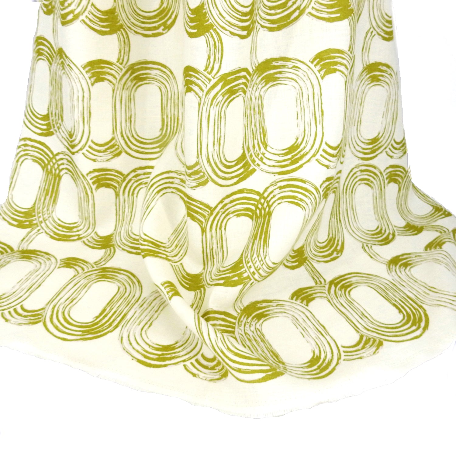 Premium 100% European Linen fabric. Elliptical Geometric gold design. medium weight for home interior & upholstery. shown draped