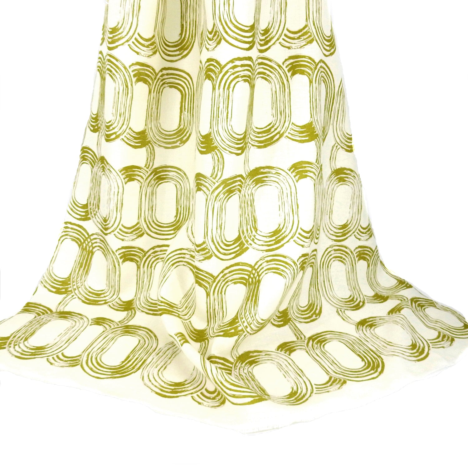 Premium 100% European Linen fabric. Elliptical Geometric gold design. medium weight for home interior & upholstery. shown draped