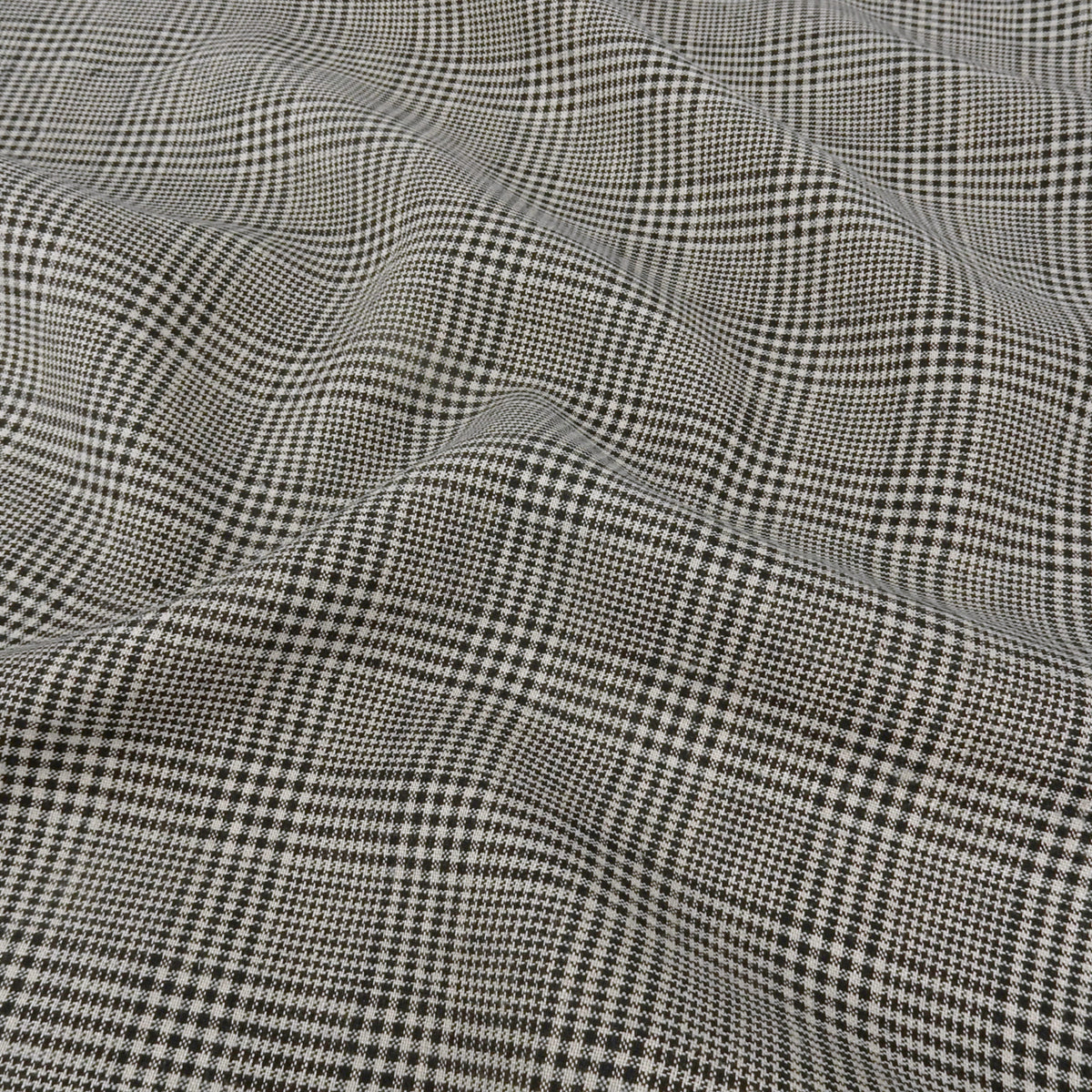 Premium 100% European Linen Yarn Dyed Plaid Fabric. Black & Gray. mid-weight apparel & high end home decor. shown lightly gathered
