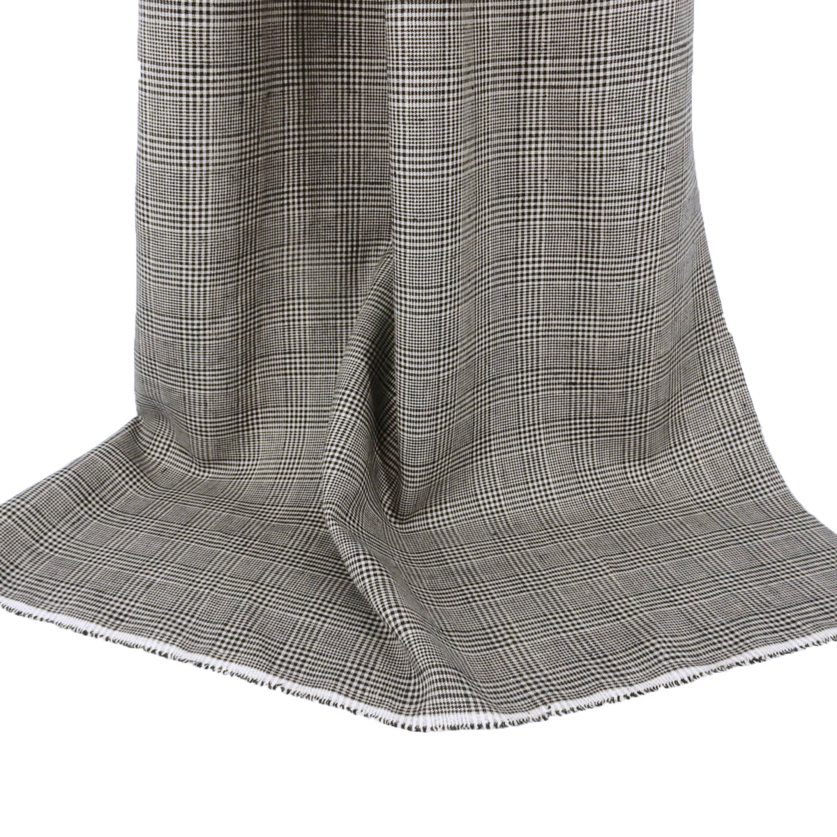 Premium 100% European Linen Yarn Dyed Plaid Fabric. Black & Gray. mid-weight apparel & high end home decor. shown draped