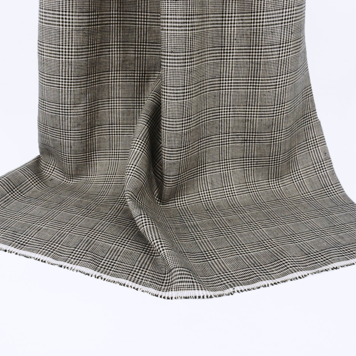 Premium 100% European Linen Yarn Dyed Plaid Fabric. Black & Gray. mid-weight apparel & high end home decor. shown draped