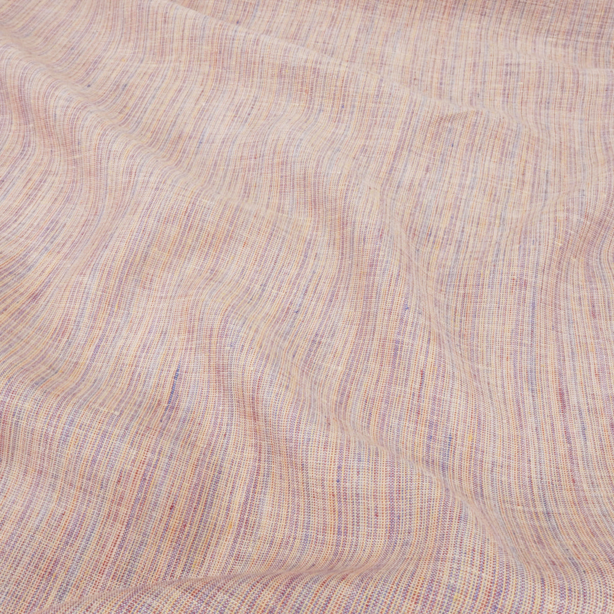 Premium 100% European Linen Yarn Dyed Railroad Stripe Fabric. Peachy Multi color. apparel & high end home decor. shown lightly gathered