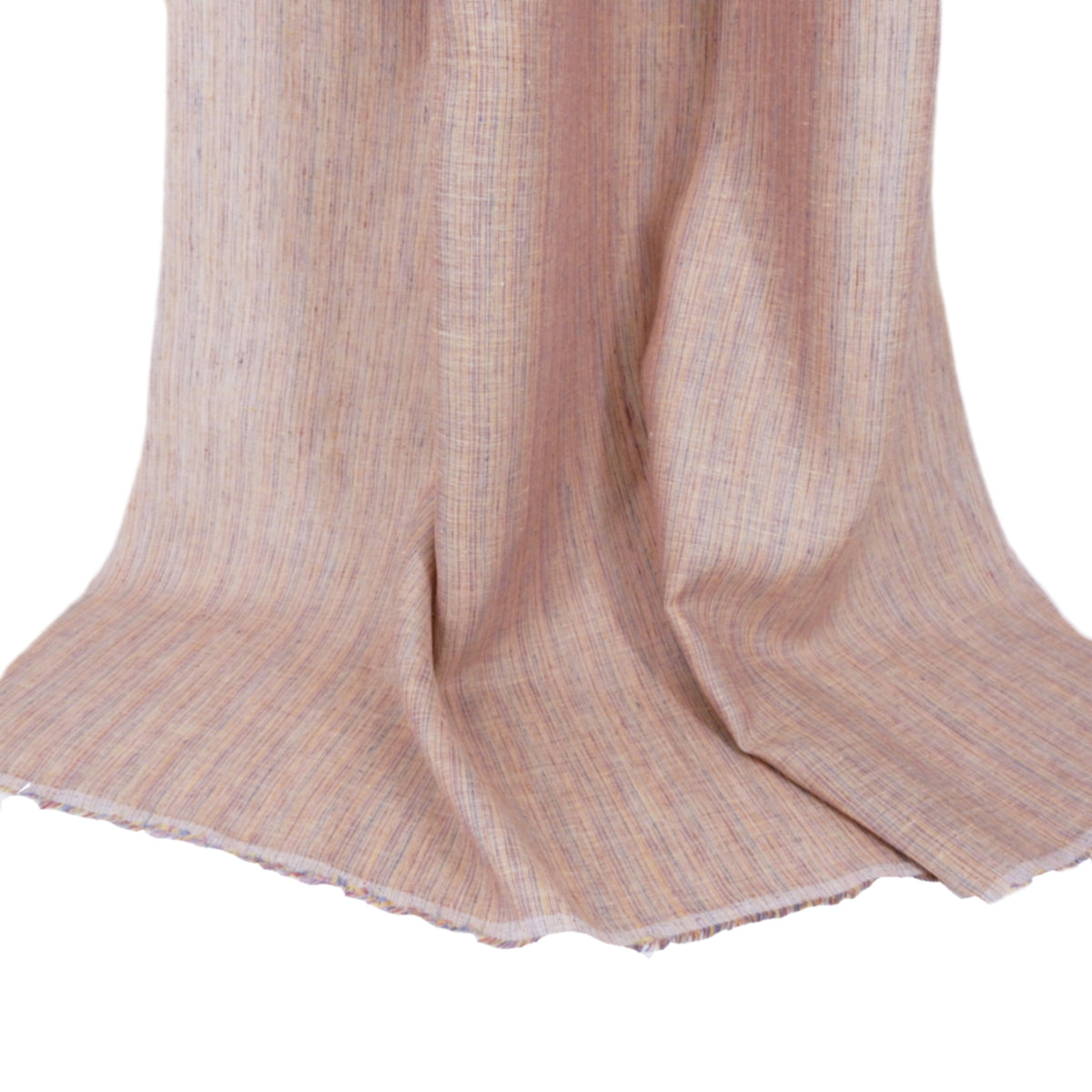 Premium 100% European Linen Yarn Dyed Railroad Stripe Fabric. Peachy Multi color. apparel & high end home decor. shown draped