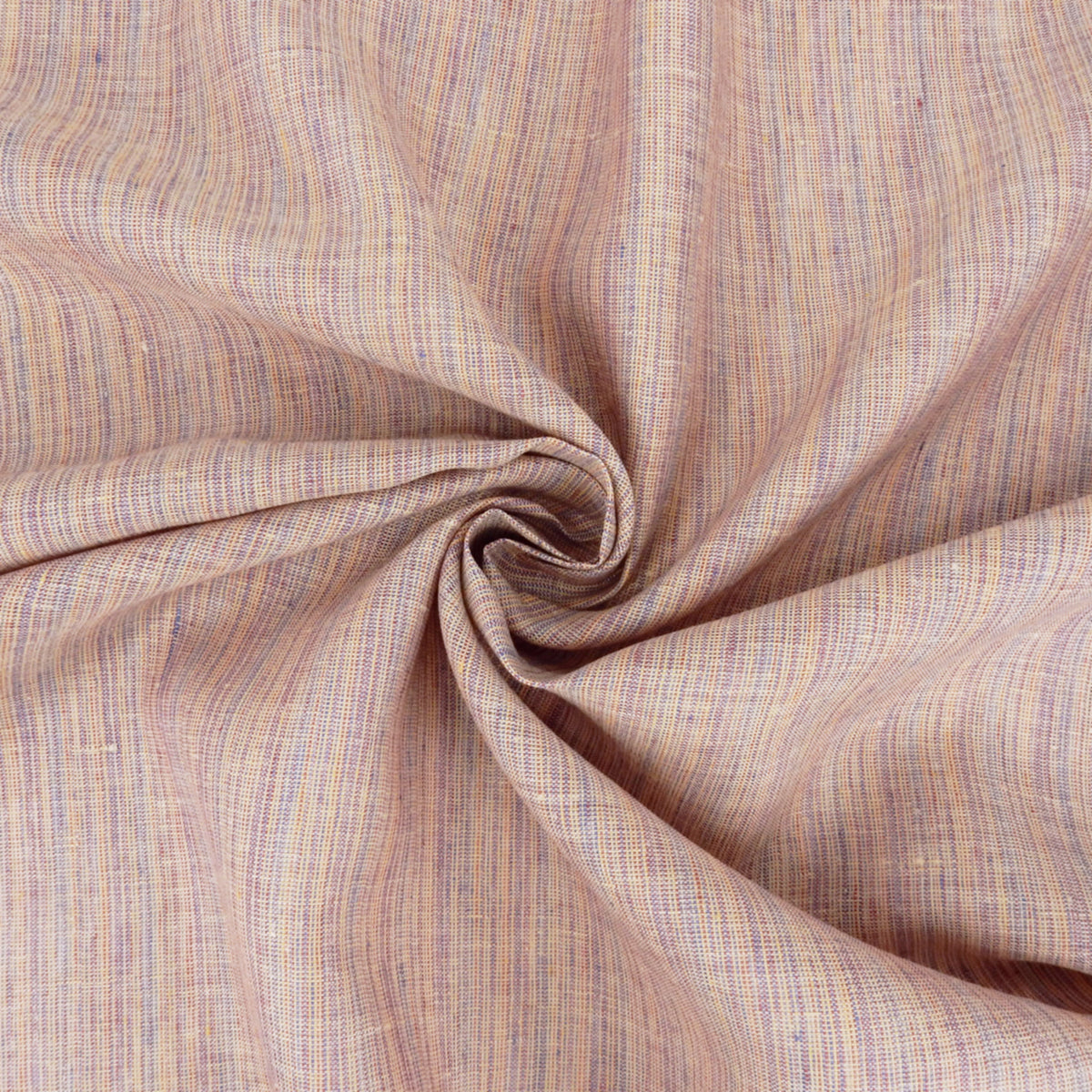 Premium 100% European Linen Yarn Dyed Railroad Stripe Fabric. Peachy Multi color. apparel & high end home decor. shown swirled