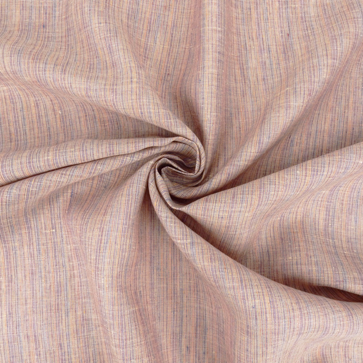 Premium 100% European Linen Yarn Dyed Railroad Stripe Fabric. Peachy Multi color. apparel & high end home decor. shown swirled