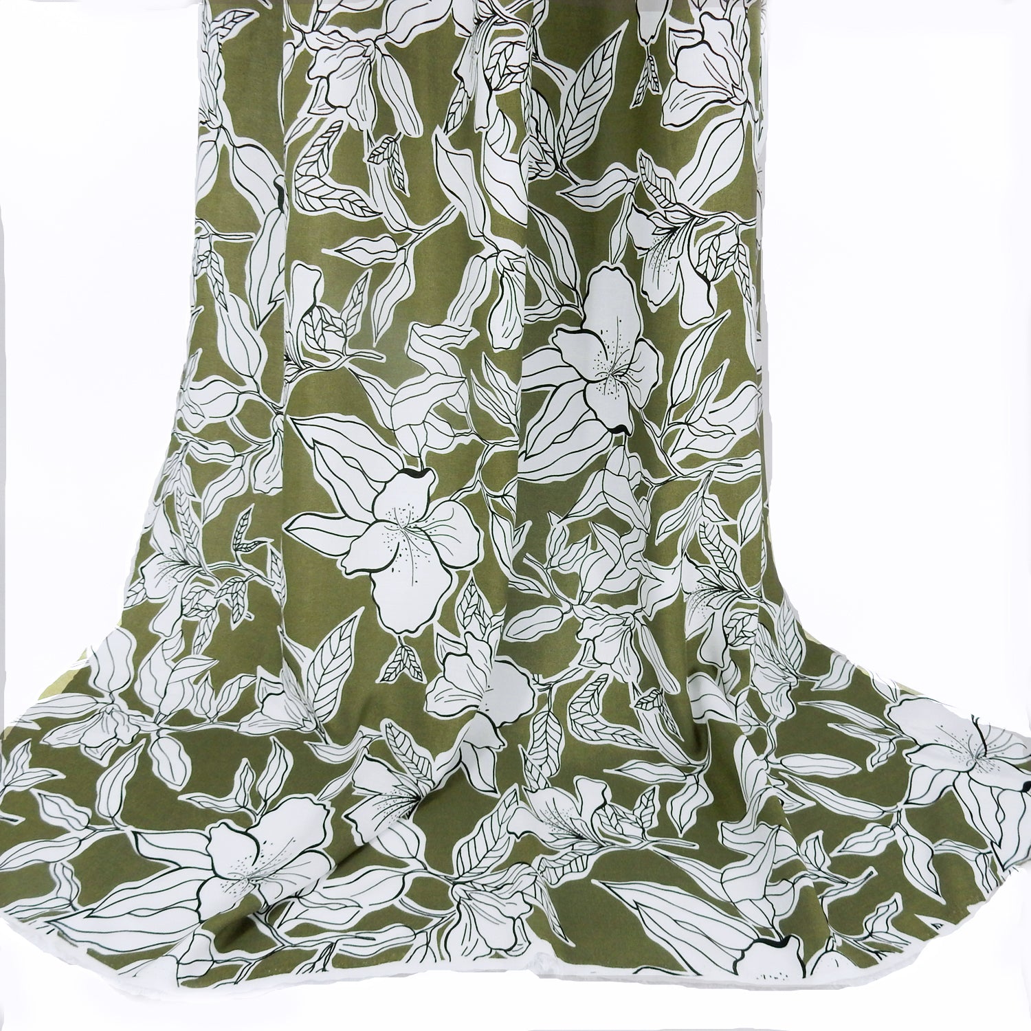Premium 100% Rayon Challis Fabric CLF1-859 White Lily on Sage Green