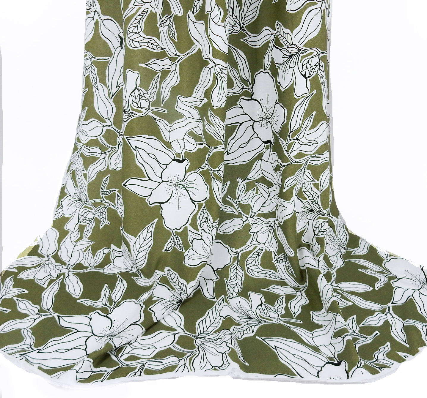 Premium 100% Rayon Challis Fabric CLF1-859 White Lily on Sage Green