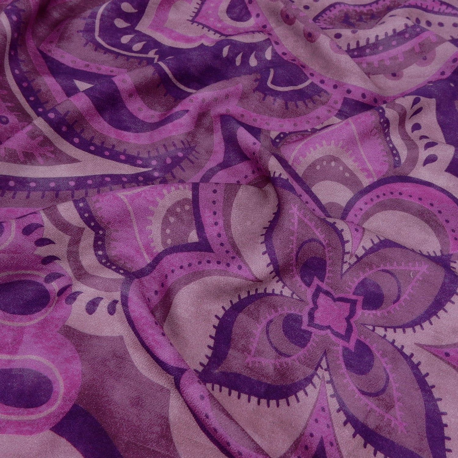 Premium 100% Rayon Challis Fabric. Geometric paisley purple print. lightweight, ultra soft, silk like texture. shown lightly gathered