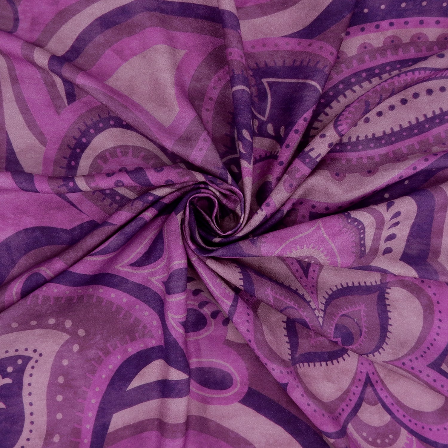 Premium 100% Rayon Challis Fabric. Geometric paisley purple print. lightweight, ultra soft, silk like texture. shown swirled