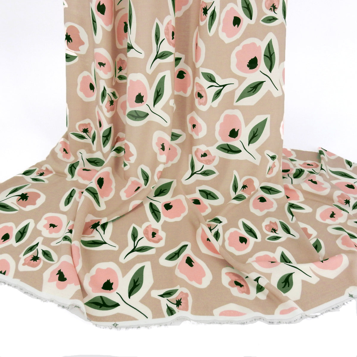 Premium 100% Rayon Challis Fabric. Soft Floral Rose design. White , pink & Green on Taupe. lightweight & ultra soft. shown draped