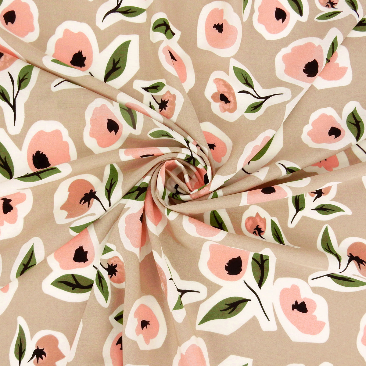Premium 100% Rayon Challis Fabric. Soft Floral Rose design. White , pink & Green on Taupe. lightweight & ultra soft. shown swirled