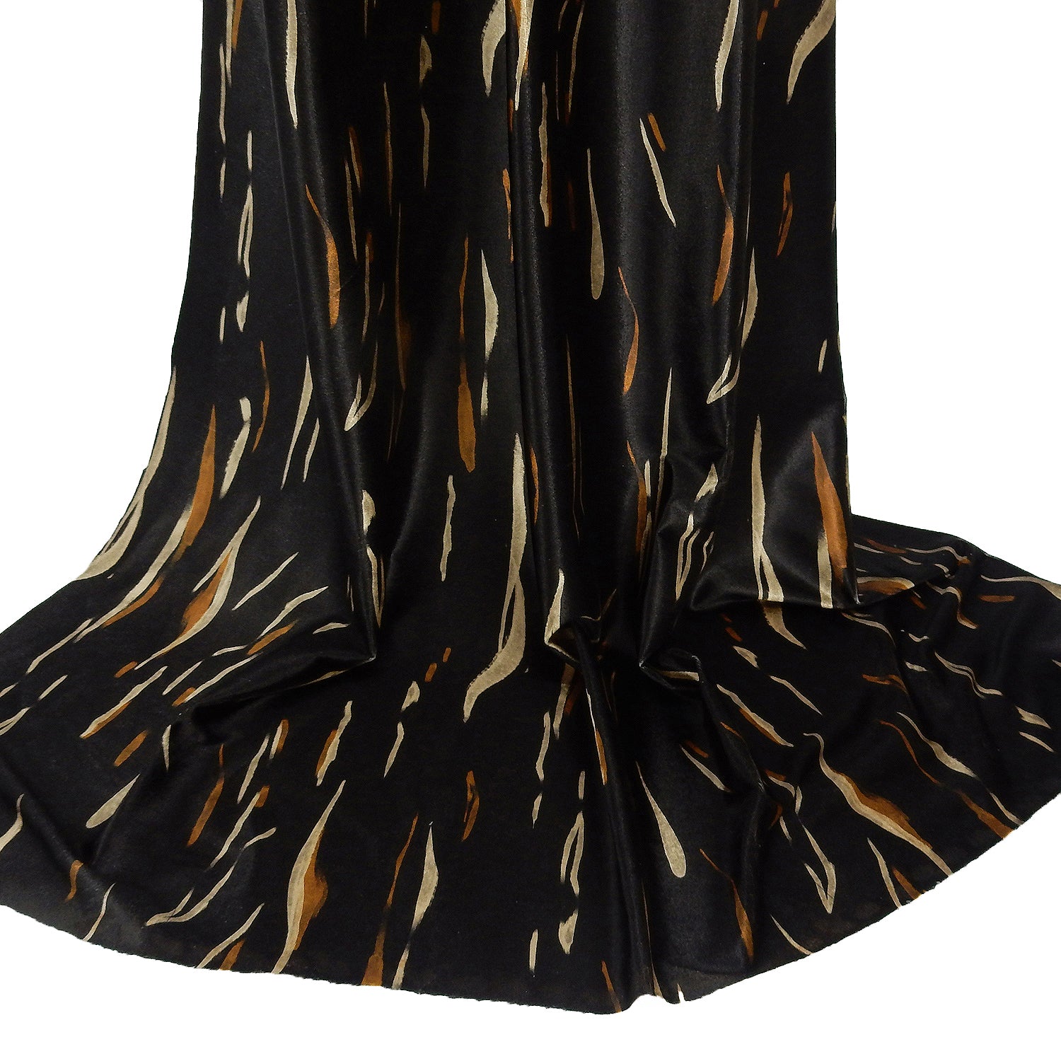 Premium Spanish Vertical Abstract Stripe Stretch Velvet Fabric. Luxury Bronze & Pale Gold design. shown draped