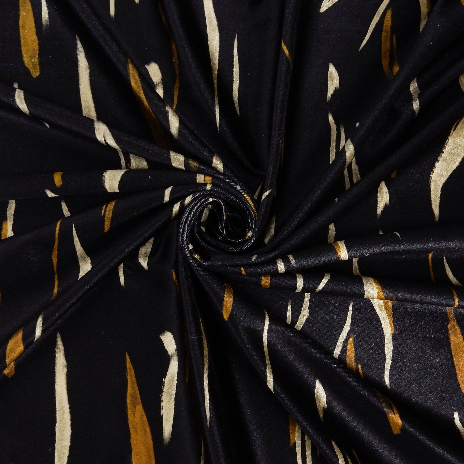 Premium Spanish Vertical Abstract Stripe Stretch Velvet Fabric. Luxury Bronze & Pale Gold design. shown swirled