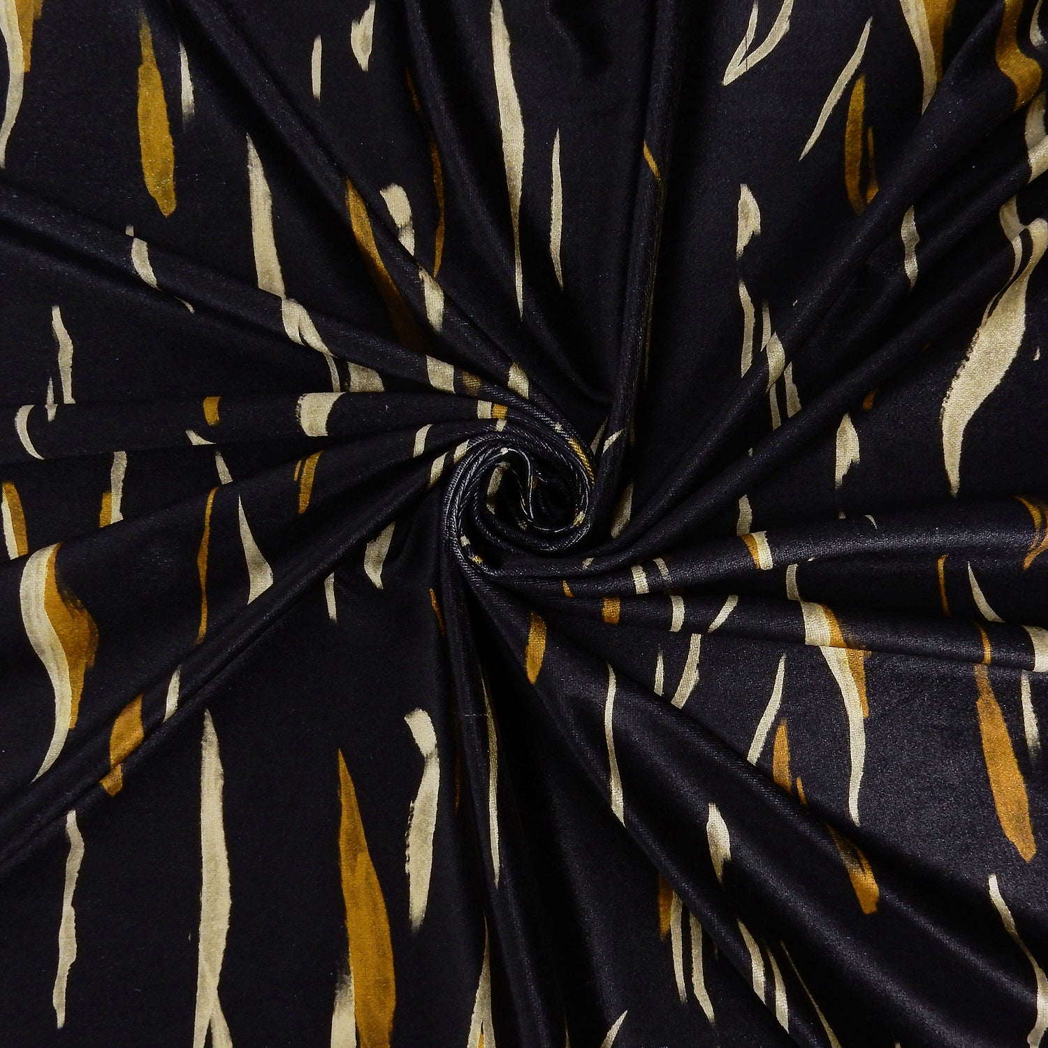 Premium Spanish Vertical Abstract Stripe Stretch Velvet Fabric. Luxury Bronze & Pale Gold design. shown swirled