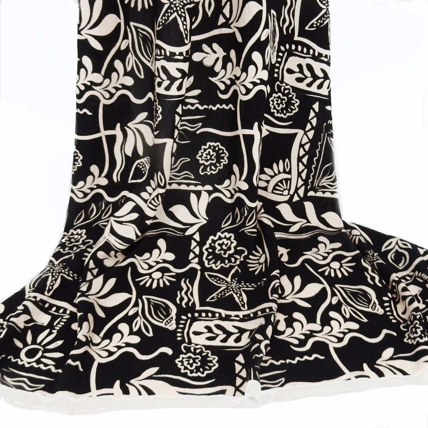 Premium 100% Rayon Challis Fabric. Hand Block Style Print in Black and Beige. Light weight, ultra soft, silk like texture. shown draped