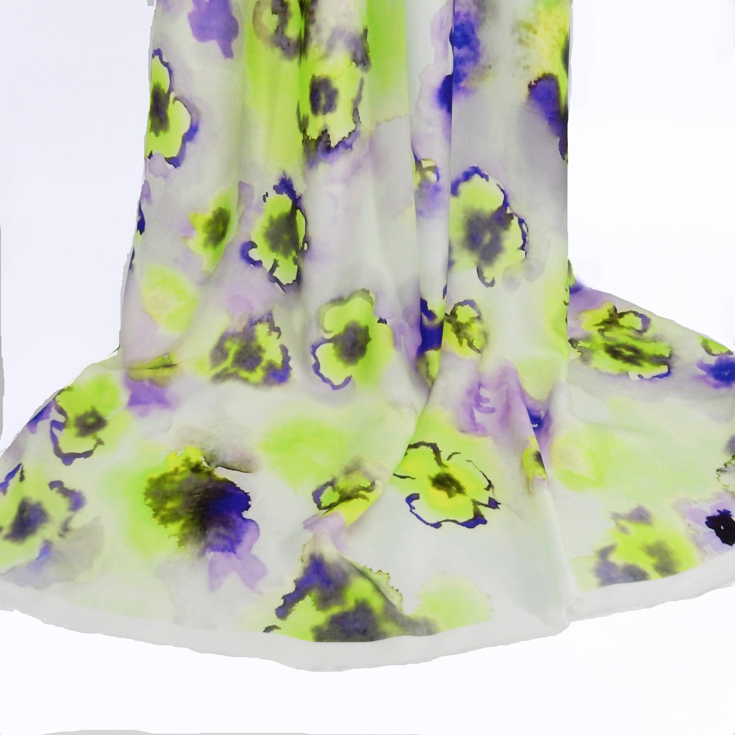 Premium 100% Rayon Challis Fabric. Foral Watercolor Print in Lime Green and purple. lightweight, ultra soft, silk like texture. shown draped