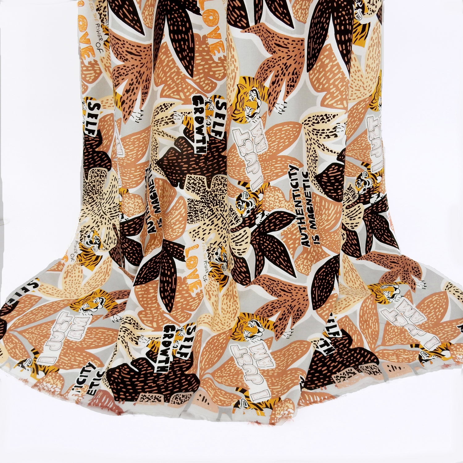 Premium 100% Rayon Challis Fabric. African-inspired print, gray, coral & brown. light weight, ultra soft, silk like texture. shown flat