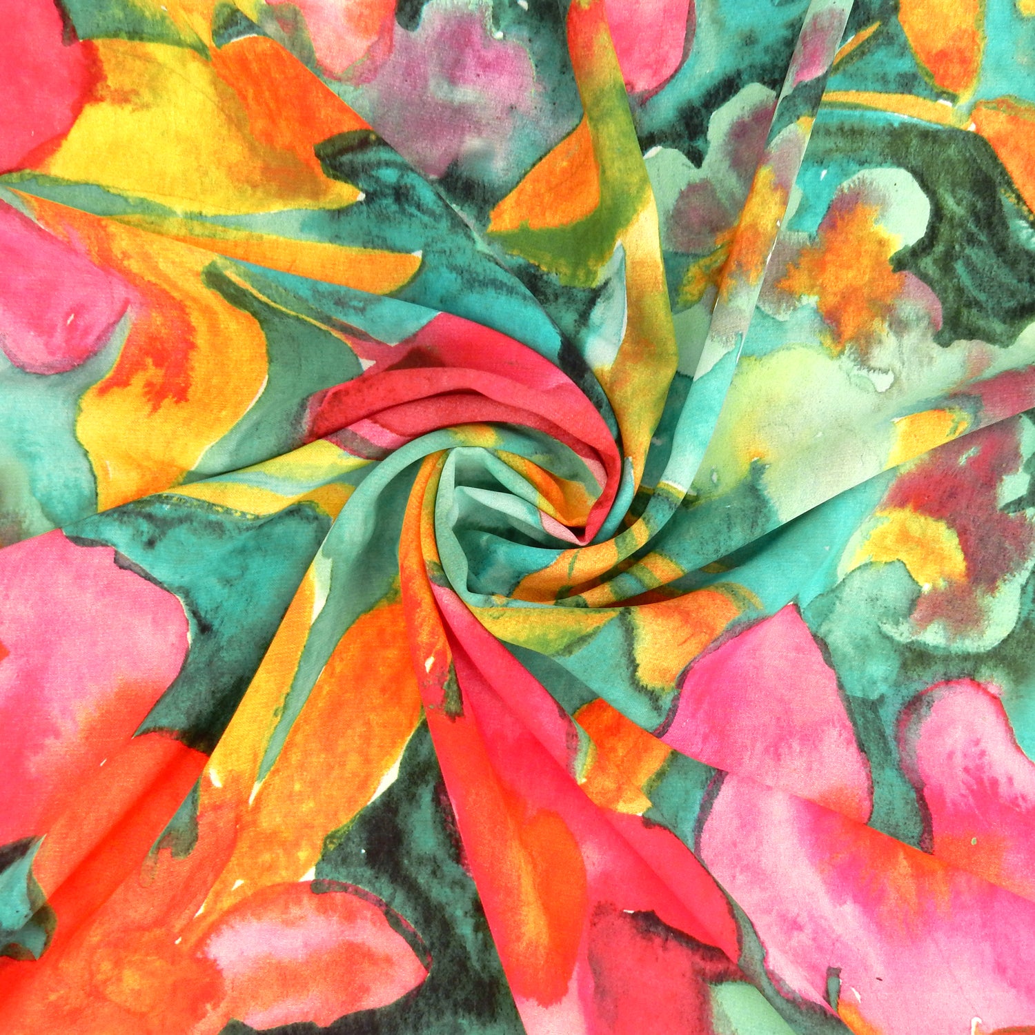 Premium watercolor floral semi-sheer dress fabric. Luxury tropical Bloom design on premium polyester. Shown swirled