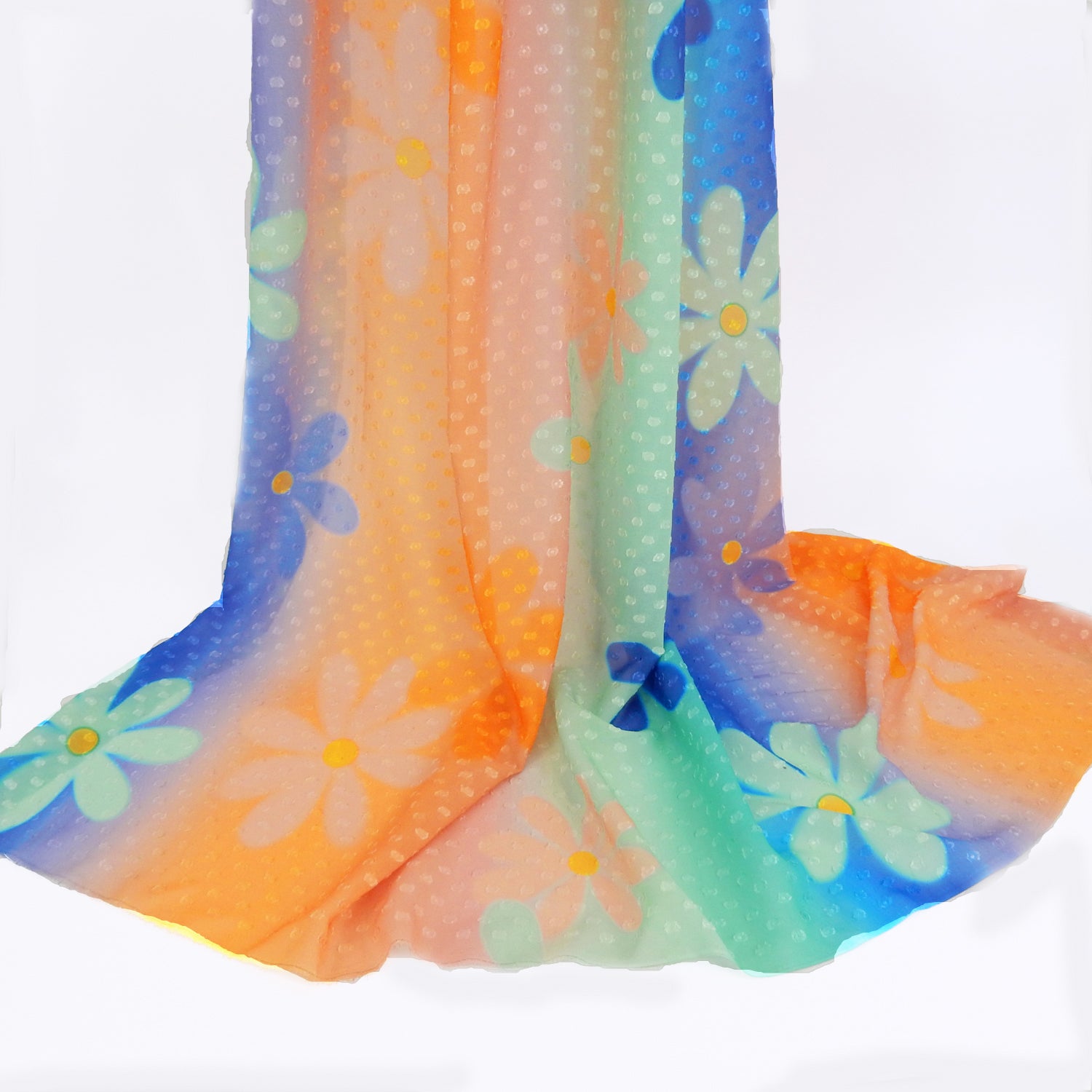 Premium floral printed clip dot fabric. semi sheer with raised clip dots. Modern flower design on multicolor railroad stripe. shown draped