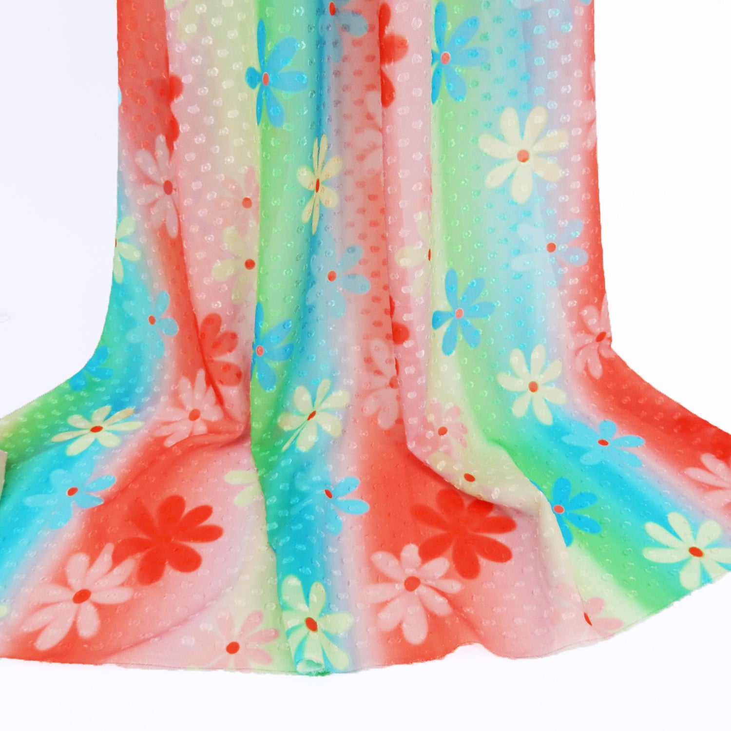 Premium floral printed clip dot fabric. semi sheer with raised clip dots. Modern flower design on multicolor railroad stripe. shown draped