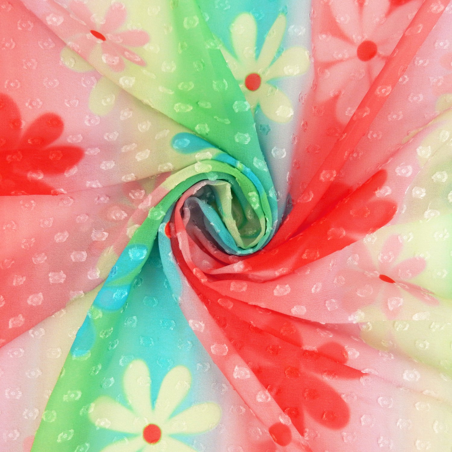 Premium floral printed clip dot fabric. semi sheer with raised clip dots. Modern flower design on multicolor railroad stripe. shown swirled