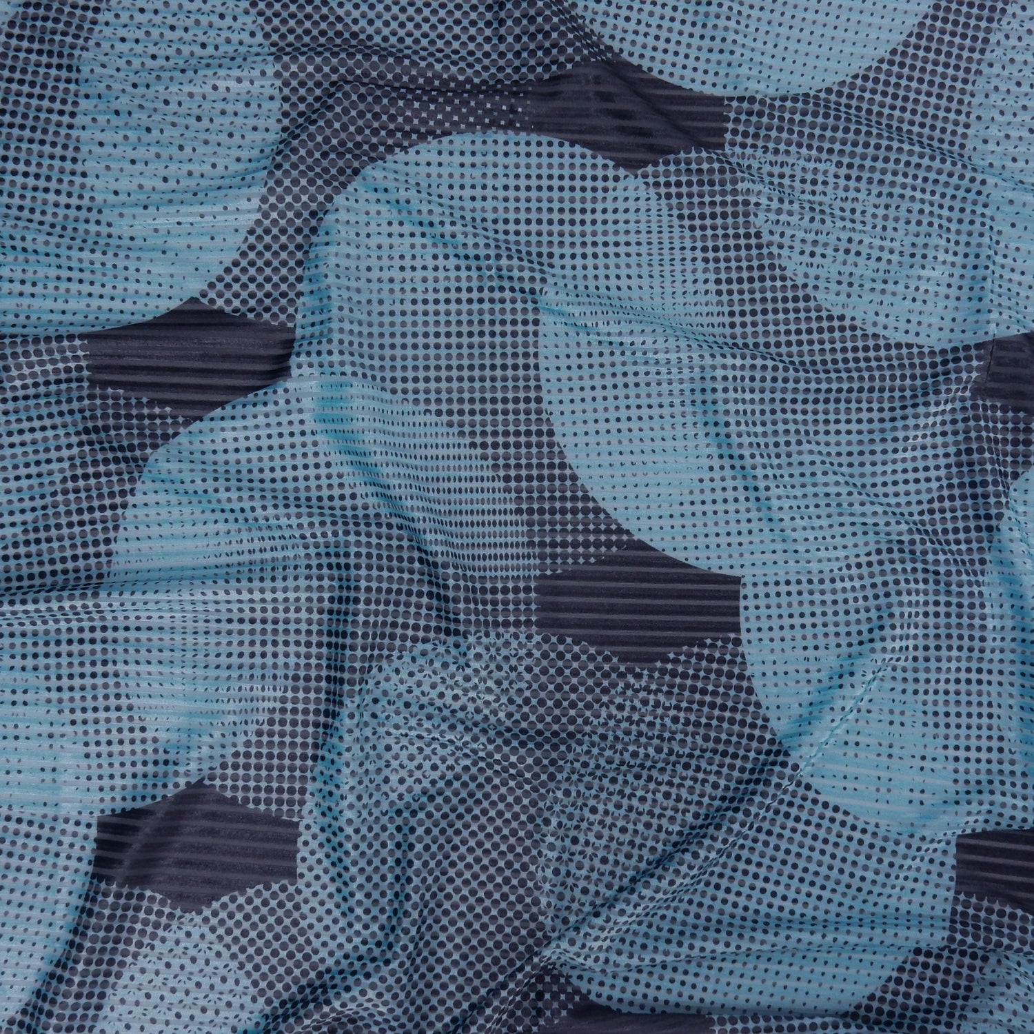 Premium Spanish Geometric Velvet Burnout Stretch Fabric. Elegant Dusty Blue Dotted circle design on 4-way stretch burnout velvet. shown lightly gathered