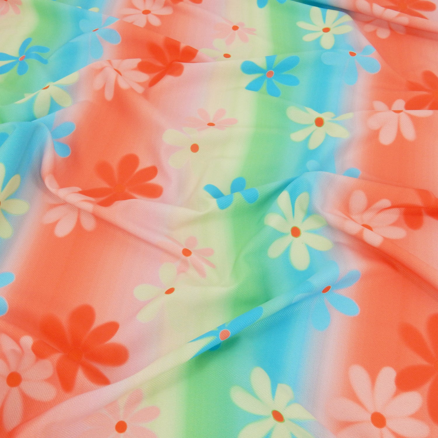 Premium Spanish Floral Twill Dress Fabric. Modern multi color Vertical Railroad Stripe with floral design on lightweight stretch twill. shown lightly gathered