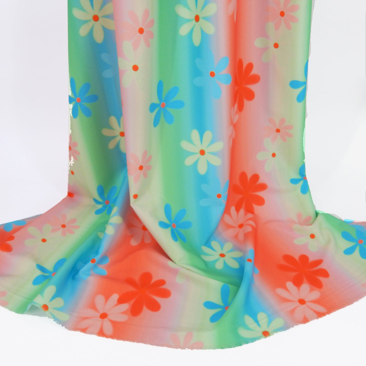 Premium Spanish Floral Twill Dress Fabric. Modern multi color Vertical Railroad Stripe with floral design on lightweight stretch twill. shown draped