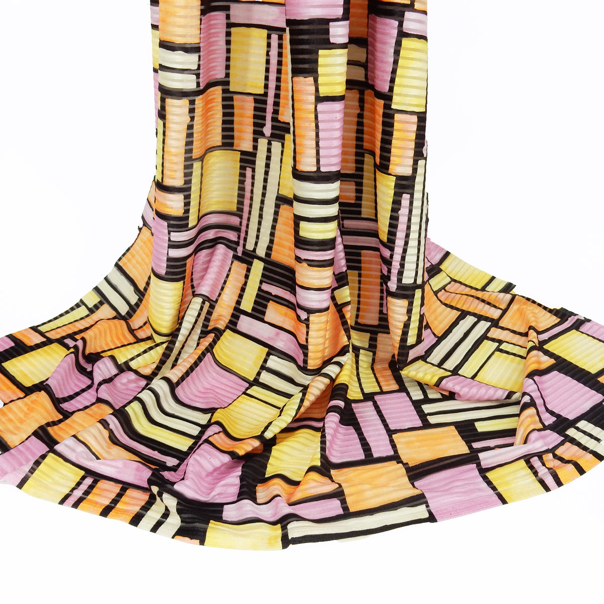Premium Spanish Geometric Burnout Stretch Velvet fabric. Lemon Yellow, Soft Orange, Paris Pink, Ivory & Black. 4-way stretch. shown draped