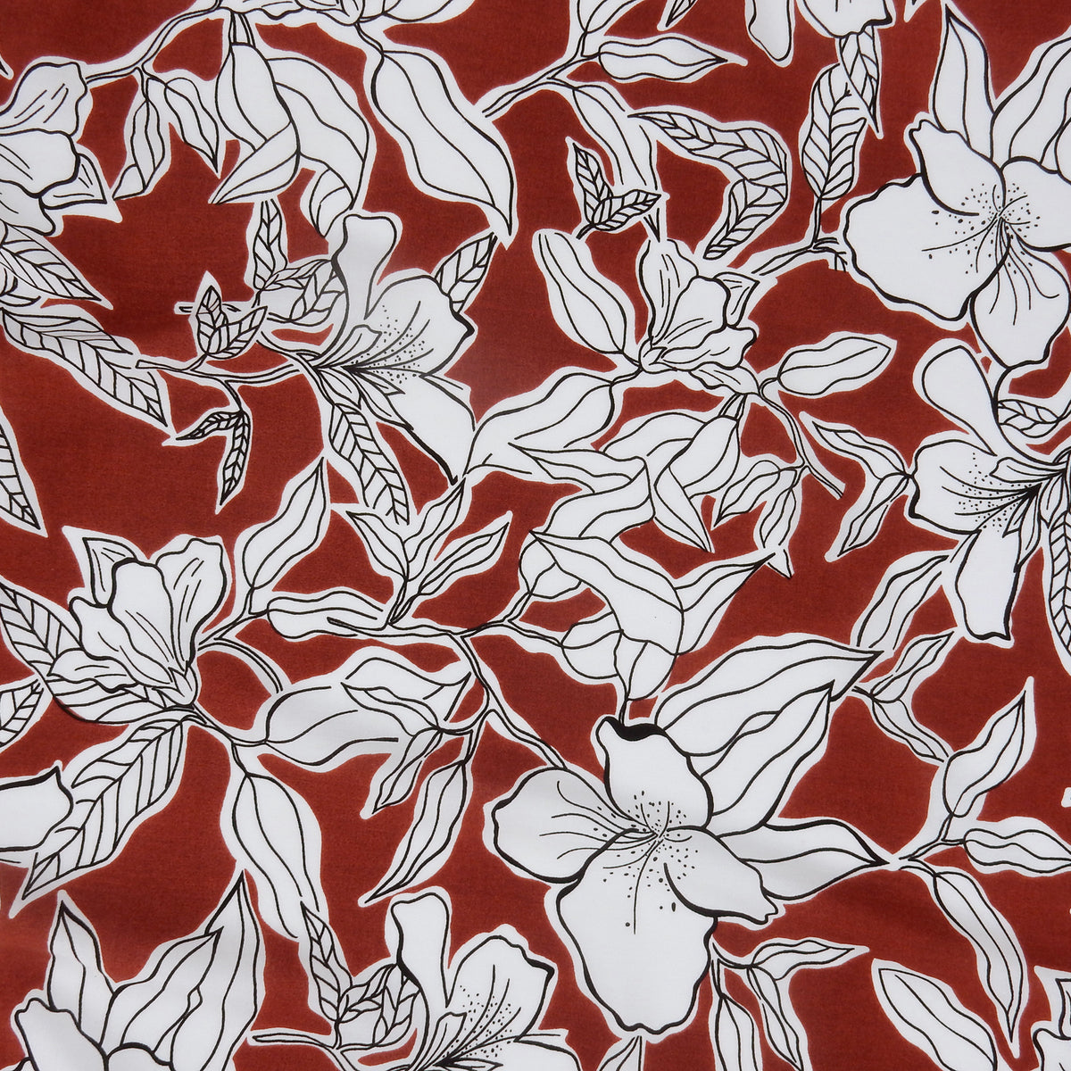 Premium 100% Rayon Challis Fabric. Minimalist White Lily in Deep Rust & Crisp White. lightweight & ultra soft. shown flat