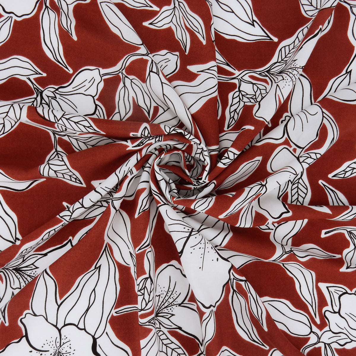 Premium 100% Rayon Challis Fabric. Minimalist White Lily in Deep Rust & Crisp White. lightweight & ultra soft. shown swirled