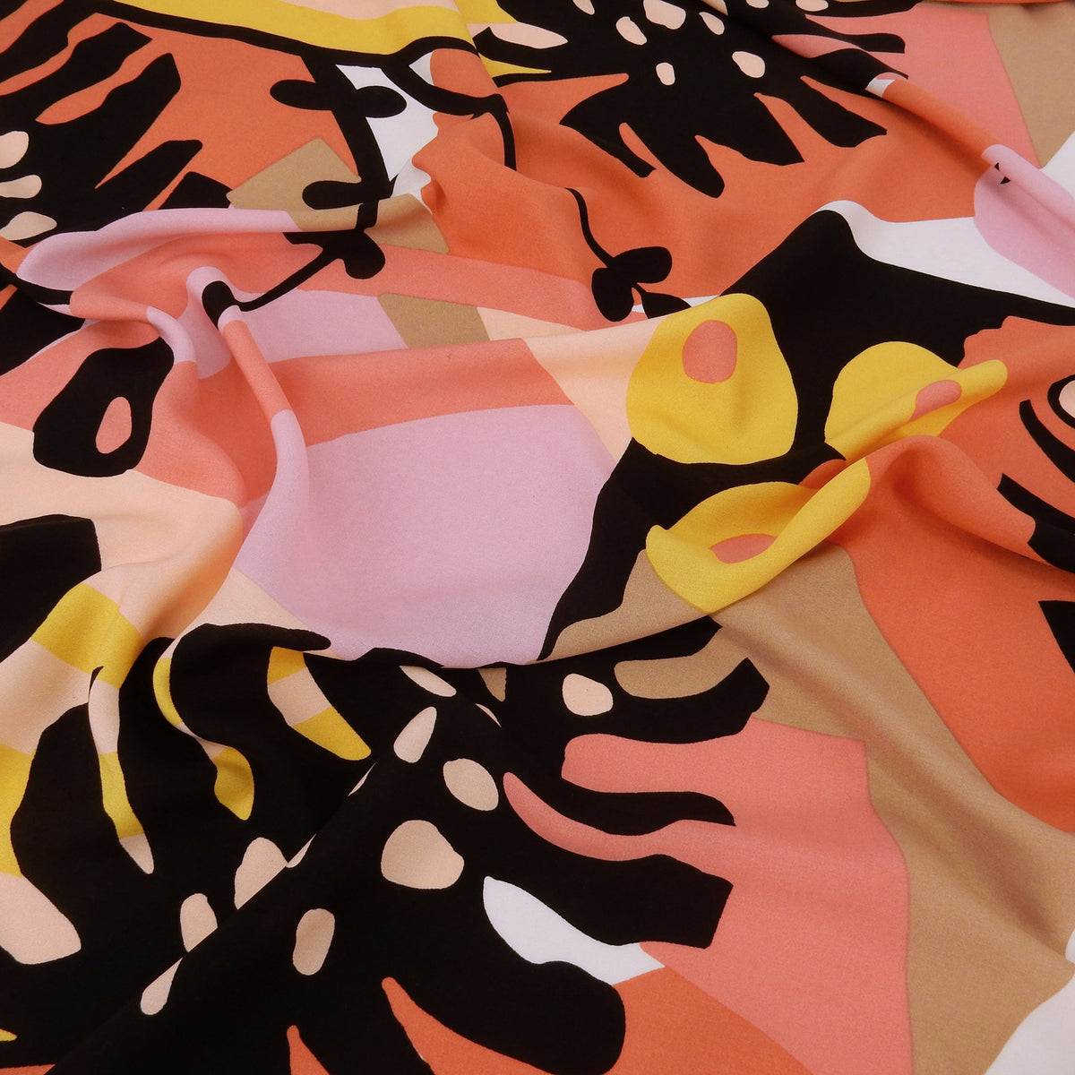 Premium Retro Modern Abstract Tropical 100% Rayon Challis Fabric CLF1-894-Coral