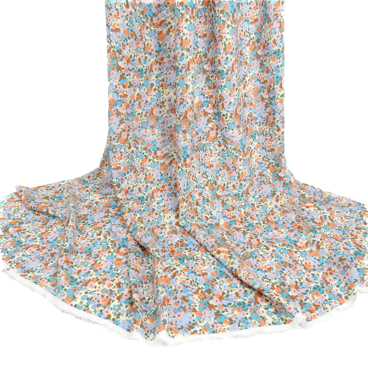 Premium 100% Rayon Challis Fabric. Pastel Millefleurs Floral in Beige, Taupe, Lilac, Pink & Dusty Blue. lightweight & ultra soft. shown draped