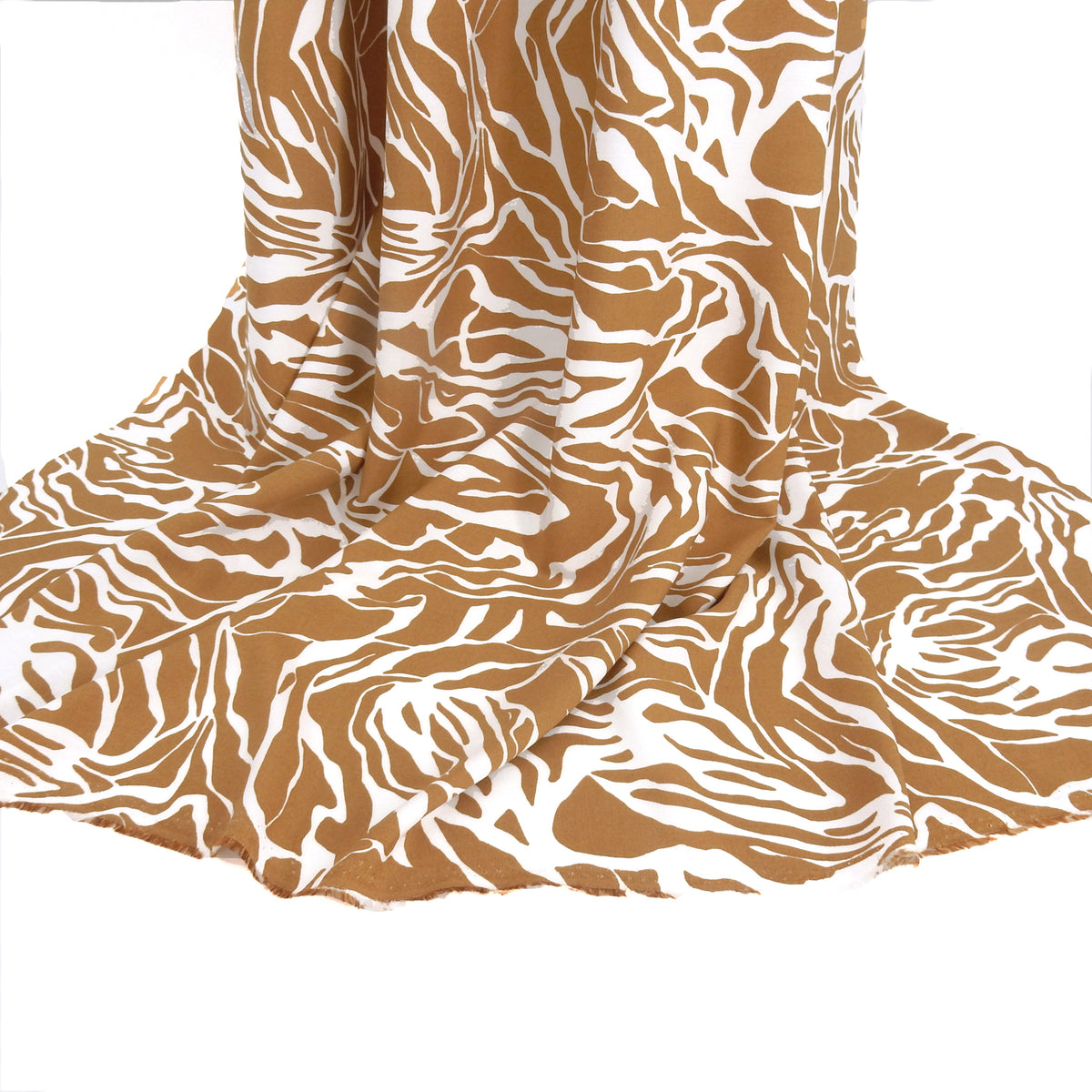 Premium 100% Rayon Challis Fabric. Modern Abstract Zebra Marbled Print in Earthy Taupe & White. lightweight & ultra soft. shown draped