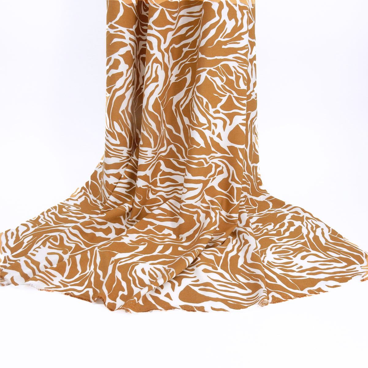 Premium 100% Rayon Challis Fabric. Modern Abstract Zebra Marbled Print in Earthy Taupe & White. lightweight & ultra soft. shown draped