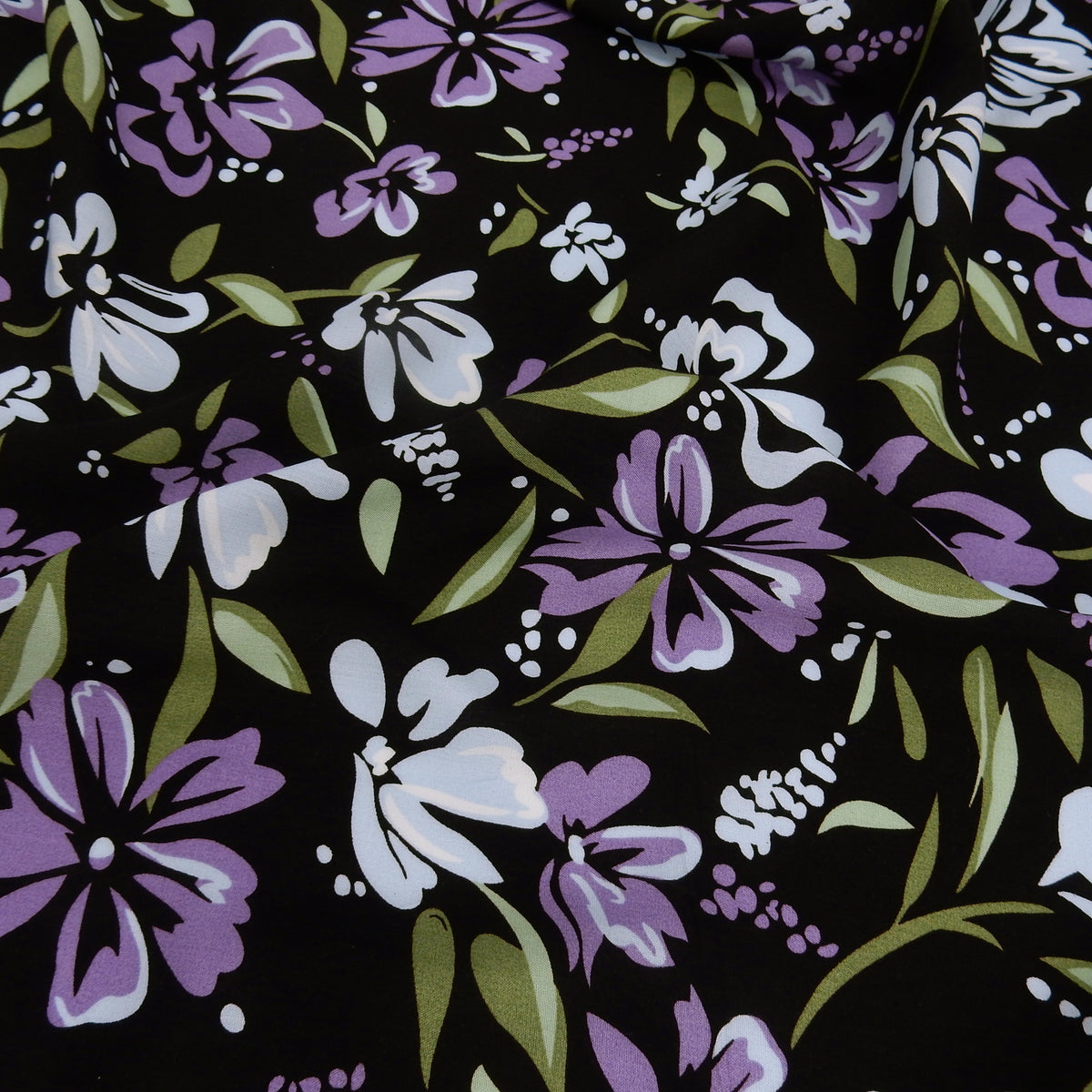 Premium 100% Rayon Challis Fabric. Midnight Botanical Floral in Light Blue, Wisteria & Olive. lightweight & ultra soft. shown lightly gathered