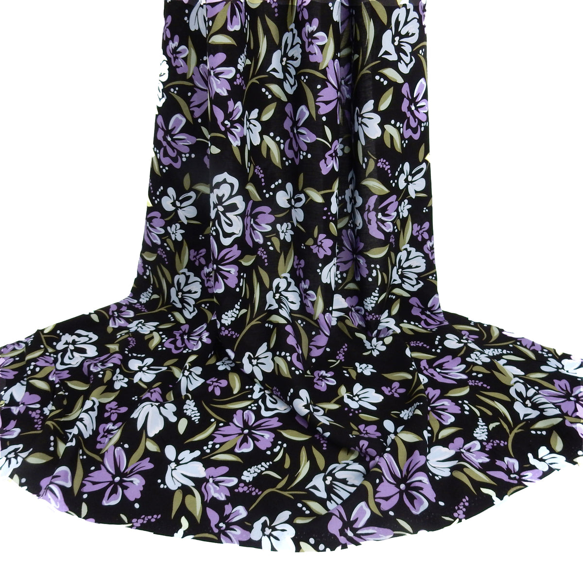 Premium 100% Rayon Challis Fabric. Midnight Botanical Floral in Light Blue, Wisteria & Olive. lightweight & ultra soft. shown draped
