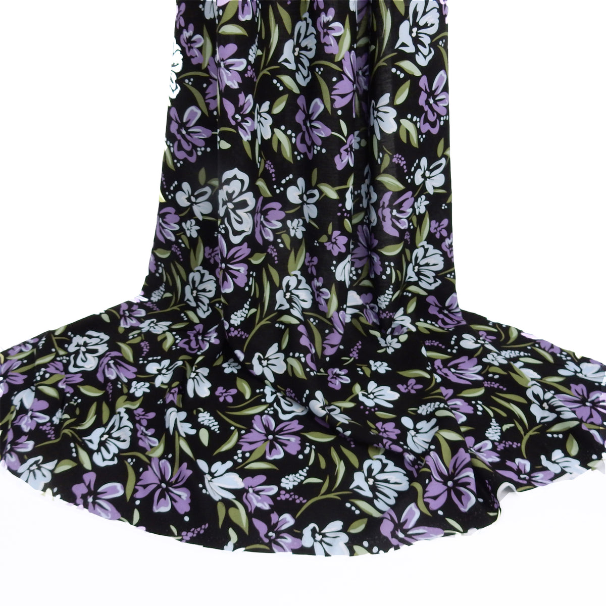 Premium 100% Rayon Challis Fabric. Midnight Botanical Floral in Light Blue, Wisteria & Olive. lightweight & ultra soft. shown draped