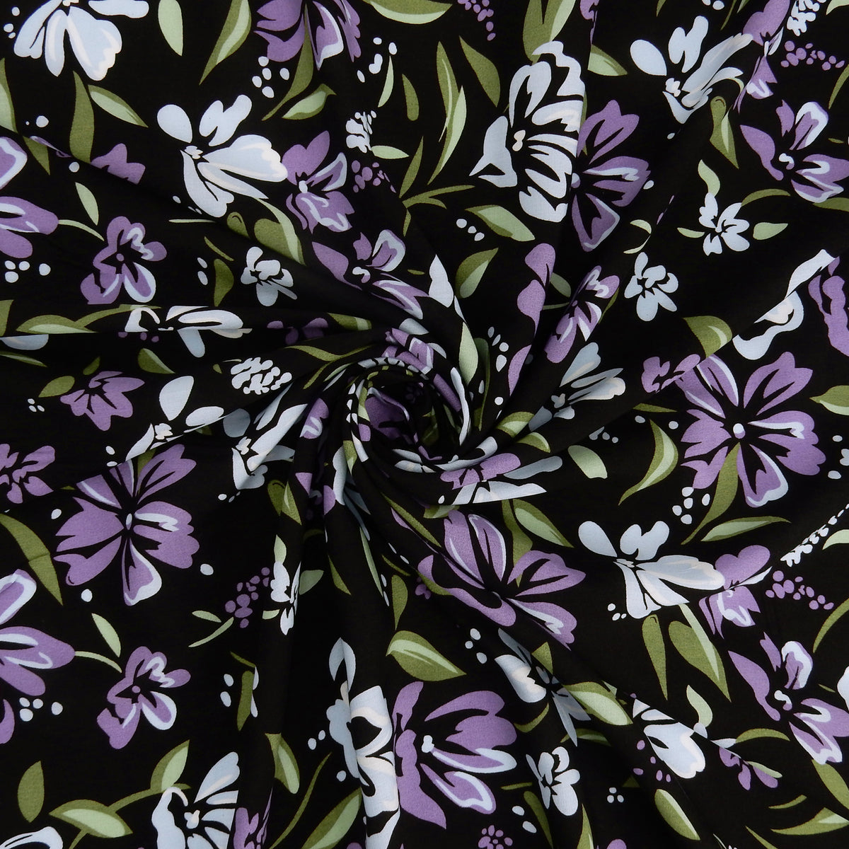 Premium 100% Rayon Challis Fabric. Midnight Botanical Floral in Light Blue, Wisteria & Olive. lightweight & ultra soft. shown swirled
