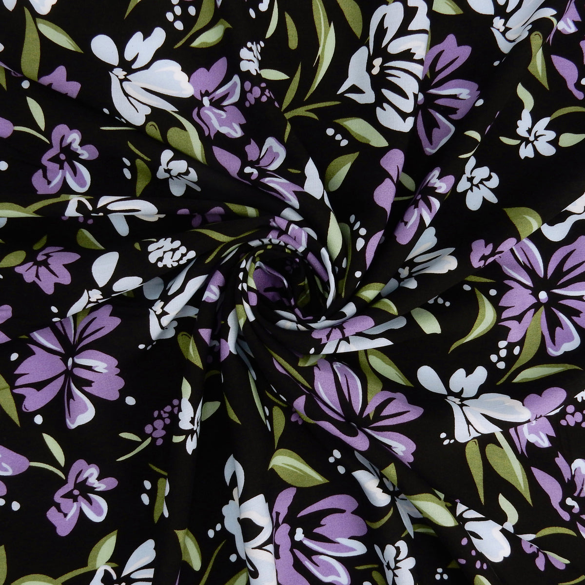 Premium 100% Rayon Challis Fabric. Midnight Botanical Floral in Light Blue, Wisteria & Olive. lightweight & ultra soft. shown swirled