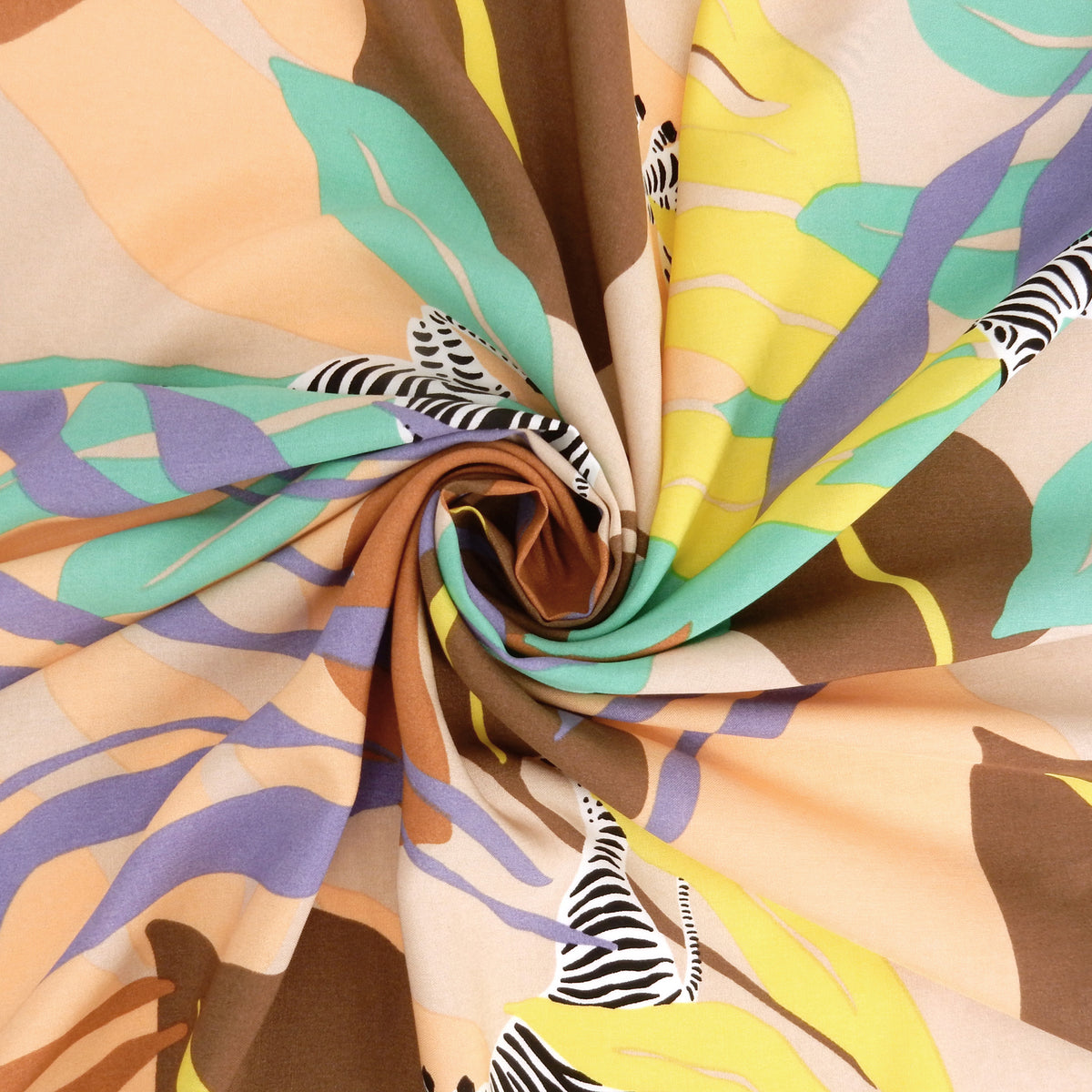 Premium 100% Rayon Challis Fabric. Artistic Zebra Safari Print in Peach, Taupe, Lavender, Beige & Yellow. lightweight & ultra soft. shown swirled